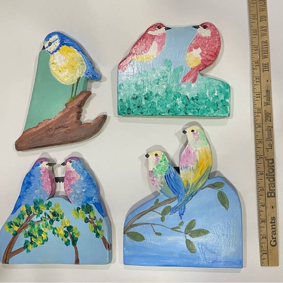 Hand Painted and Carved Birds and Chickadees in the Garden Wood Set of 4 - Picture 1 of 8